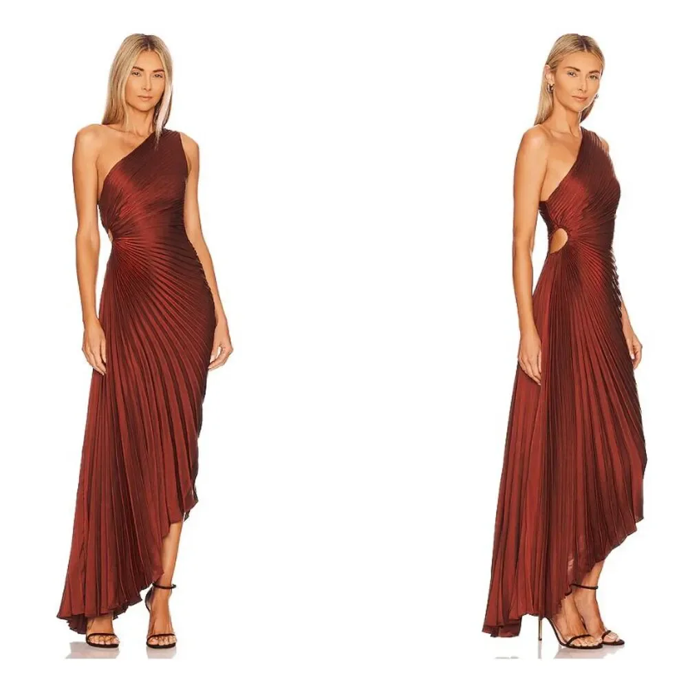 NWT A.L.C. Delfina Pleated Cutout One-Shoulder Dress in Brunette Brown Size 10 - Picture 2 of 8